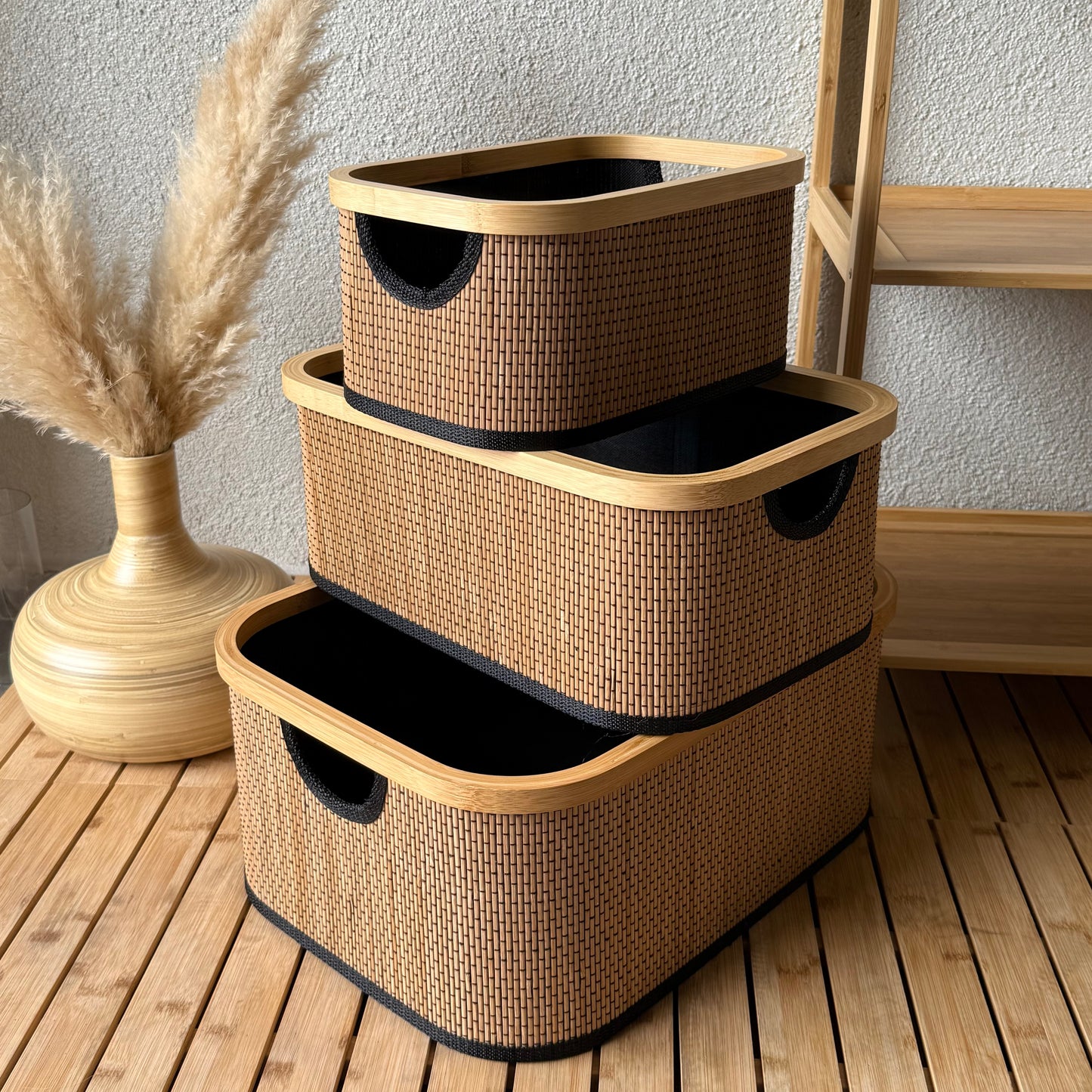 Tutku Bambu Detaylı Sepet Seti Siyah 3 Boy