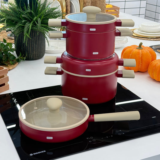 Arow Kristal Kaplama Yapışmaz Taban Tencere Tava Seti 8 Parça Bordo