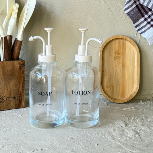 Arow Angel Model Yuvarlak Bambu Oval Standlı İkili Sıvı Sabunluk Seti Krem KOD:1016