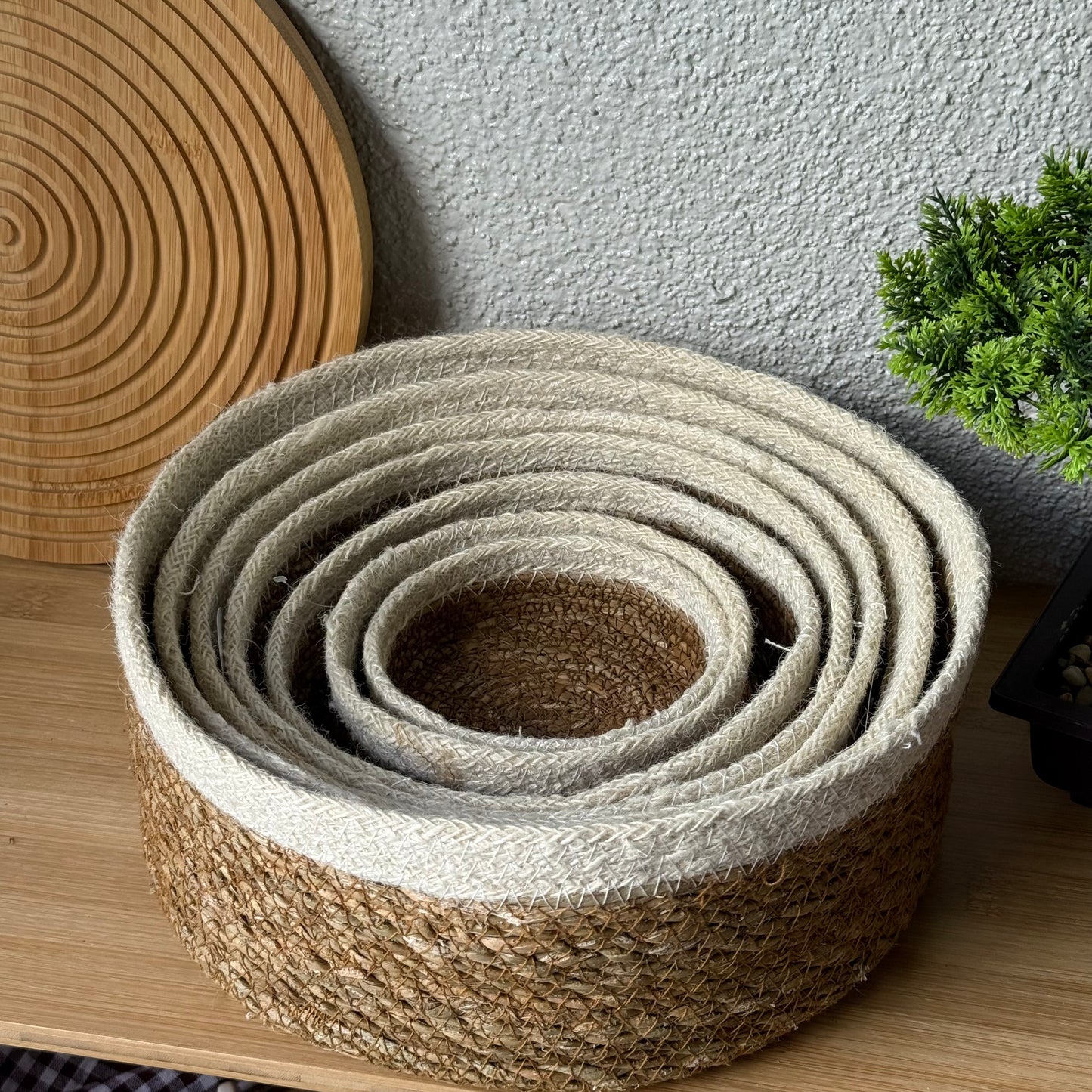 Svr 7 Parça Yuvarlak Hasır Sepet Seti Krem