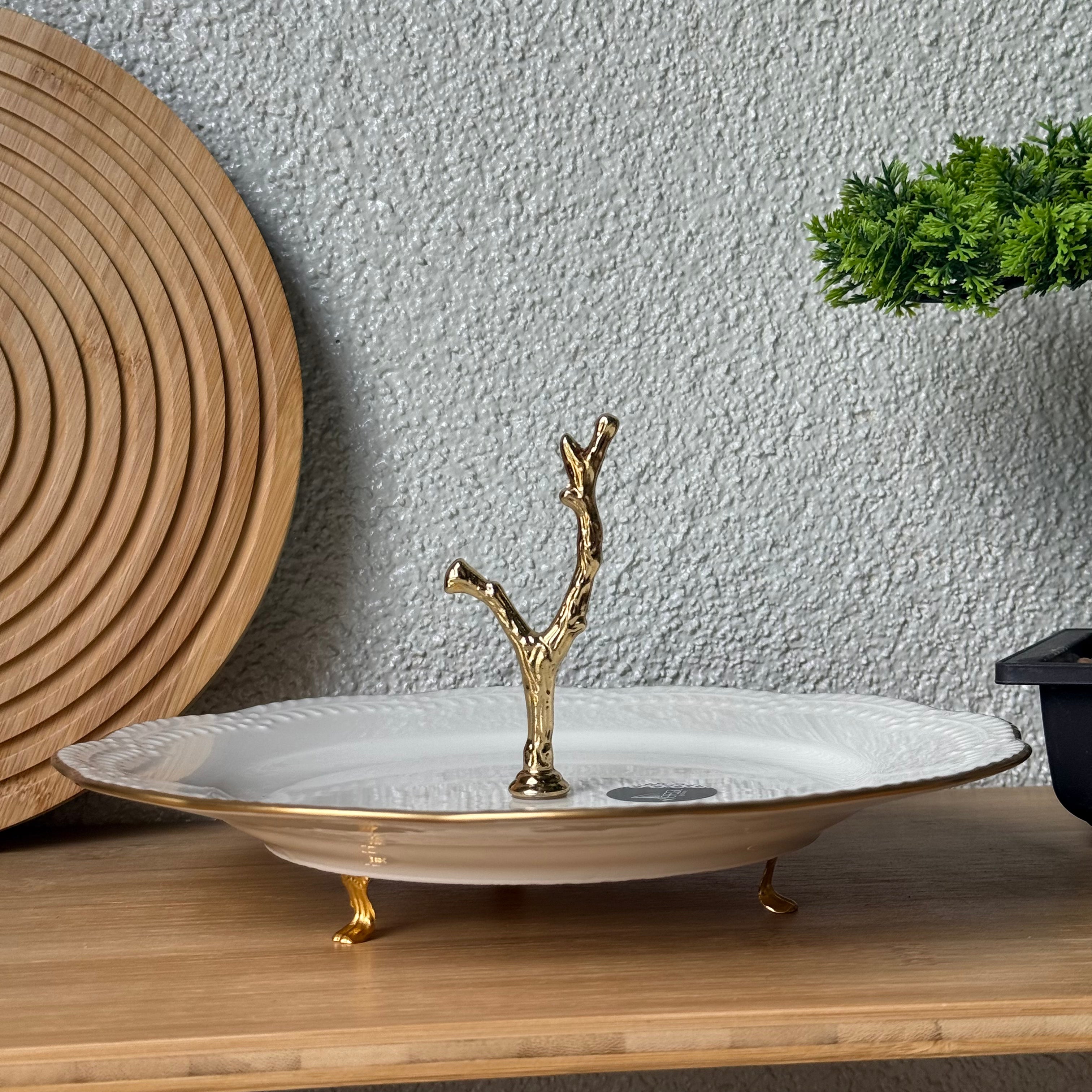 Firuze Gold Ayaklı Porselen Sunumluk 25 cm Kod:3735