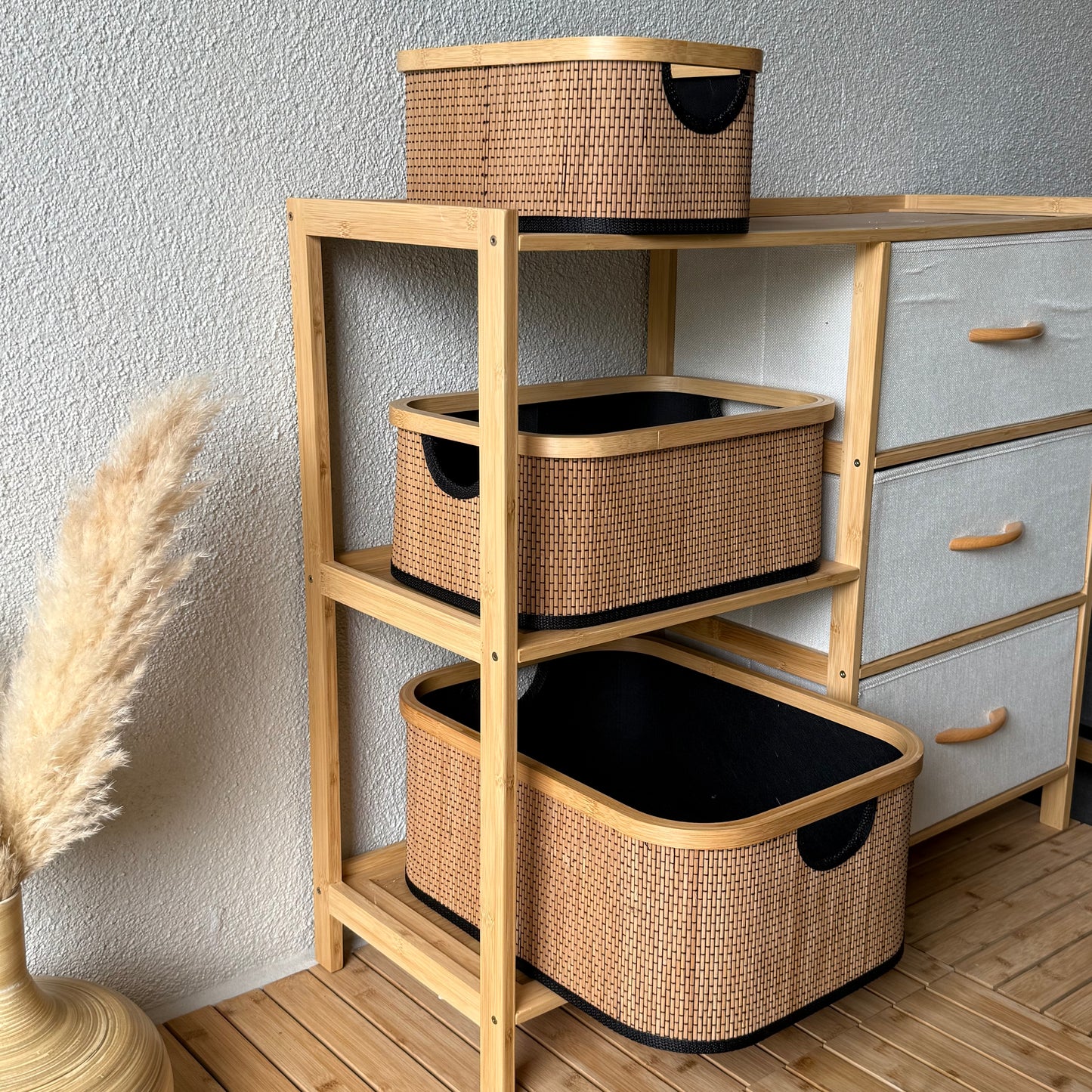 Tutku Bambu Detaylı Sepet Seti Siyah 3 Boy