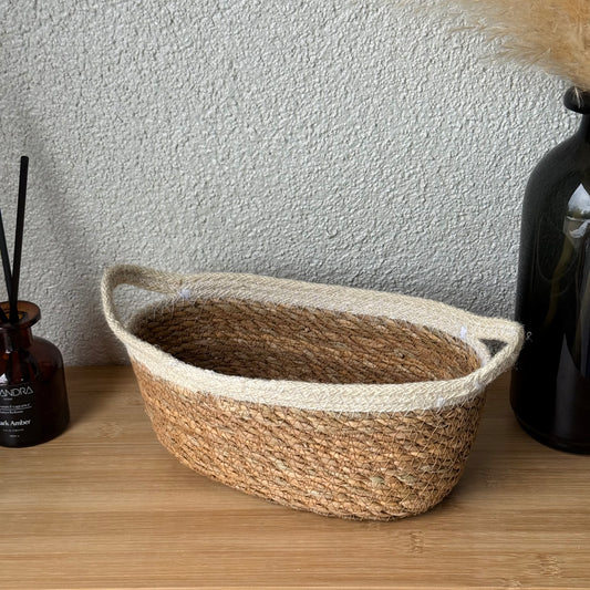 Svr Kulplu Oval İnçe Hasır Sepet Krem 29x16x11 cm
