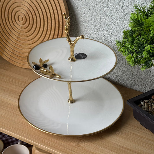 Oliva Siyah-Gold İki Katlı Porselen Sunumluk 19 cm, 25 cm Kod:3101