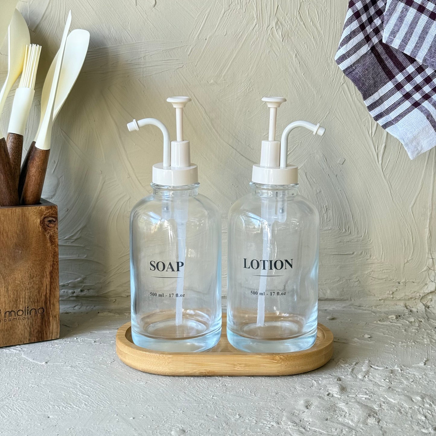 Arow Angel Model Yuvarlak Bambu Oval Standlı İkili Sıvı Sabunluk Seti Krem KOD:1016