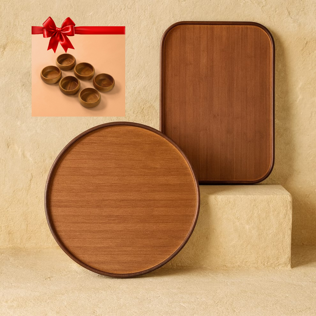 Milay Yuvarlak ve Dikdörtgen Akasya Ağacı Tepsi Seti ( 6 Adet Ahşap Çerezlik Hediye )