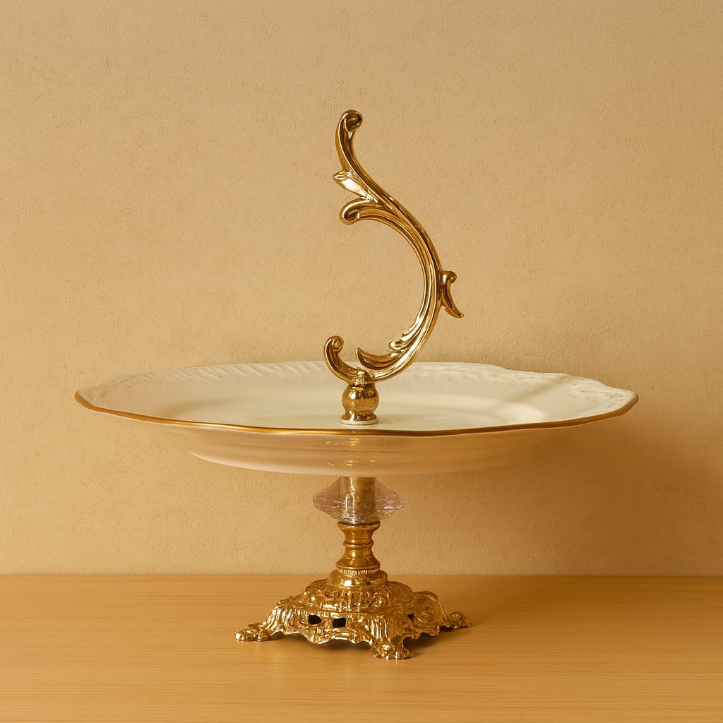 Firuze Gold Yaldızlı Porselen Ayaklı Sunumluk Tutmalı 25 cm Kod:3733