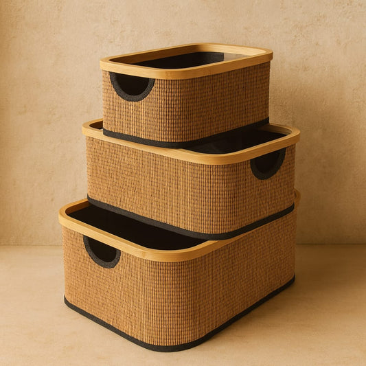 Tutku Bambu Detaylı Sepet Seti Siyah 3 Boy