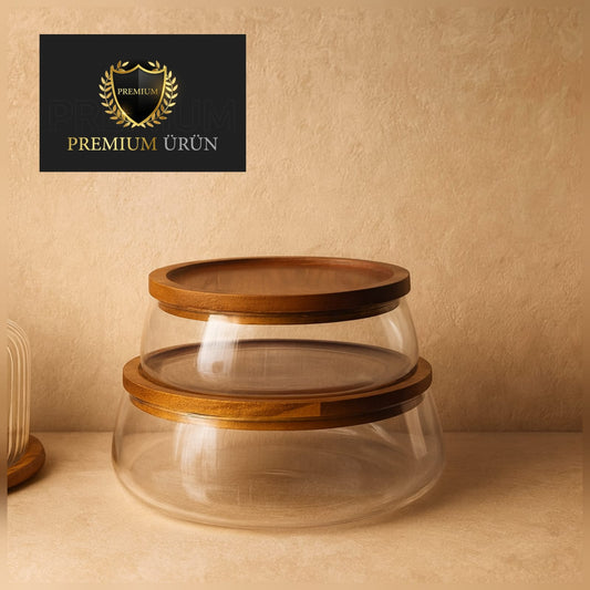 Milay İki Boy Akasya Kapaklı Cam Saklama Kabı KOD:245