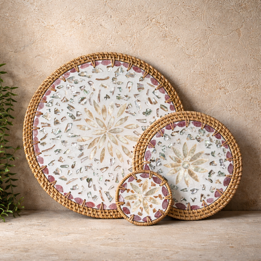 Saverlly Sedef Servis Set Krem-Pembe Çicek Model 3 Parça KOD:3432-35-38