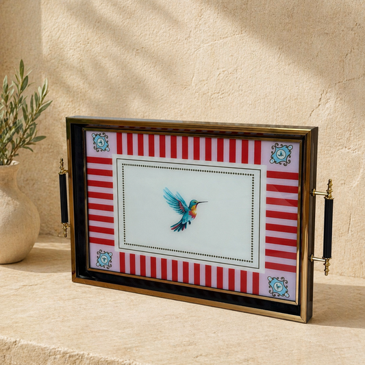 Pashally Bird Desenli Kulplu Tepsi Pembe-Kırmızı KOD:1000