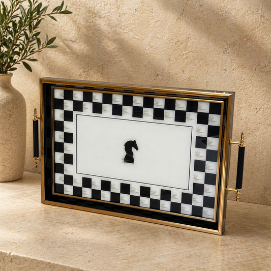 Pashally At Desenli Damalı Model Kulplu Tepsi Siyah KOD:1005