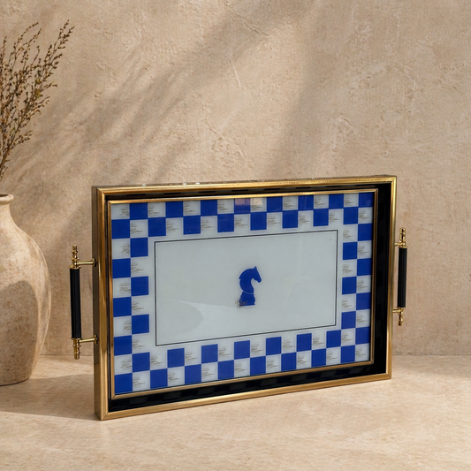 Pashally At Desenli Damalı Model Kulplu Tepsi Mavi KOD:1006