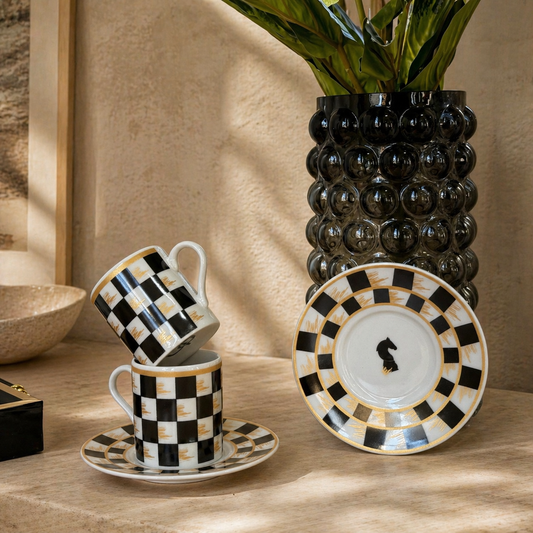 Pashally Dama Model Porselen İkili Kahve Fincan Takımı Siyah KOD:1022