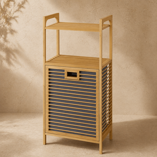 Eva  Medusa Bambu Kirli Çamaşır Sepeti 2 Katlı Raf Banyo Dolabı 95x40x30 cm
