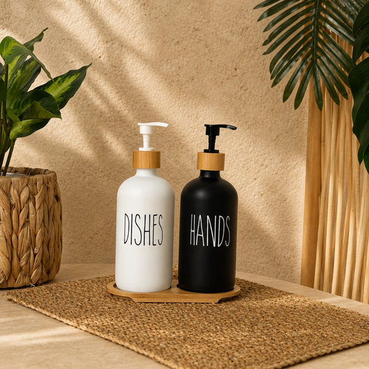 Lotion Bambu Standlı Cam Sıvı Sabunluk Seti Beyaz-Siyah KOD:15708