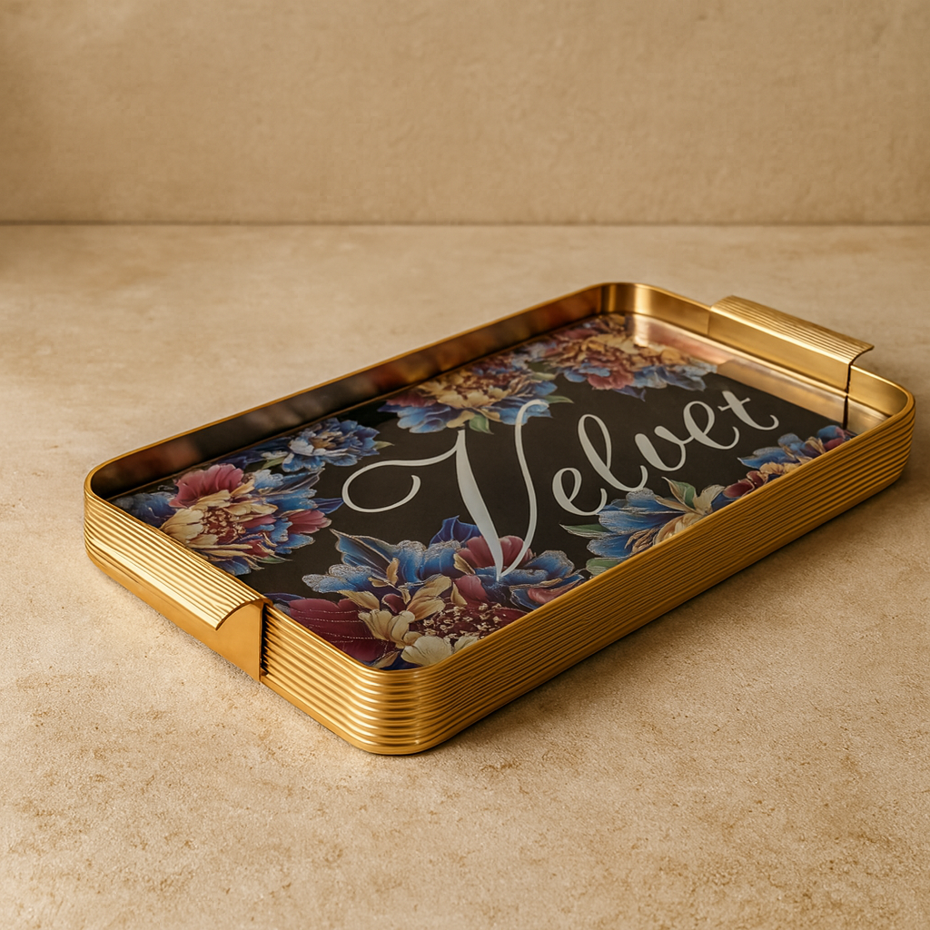 Arow Velvet Gold Desenli Cam Tepsi KOD:1207