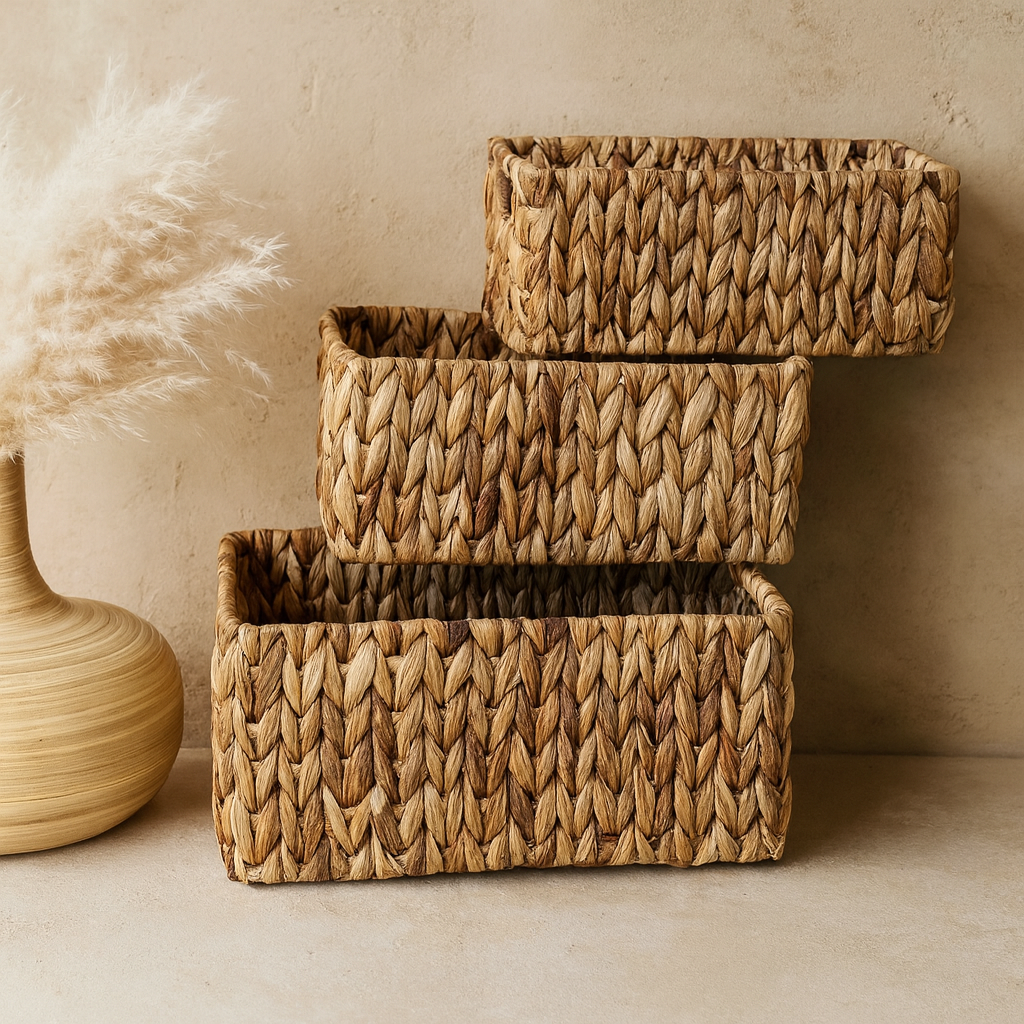 Panalı Kalın Örgü Hasır 3 Boy Organizer Sepet Seti Dikdörtgen KOD:23128