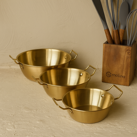 Como 3 Boy Tutmalı Çelik Kase Set 17 cm, 14 cm, 13 cm Gold KOD:5338-39-40