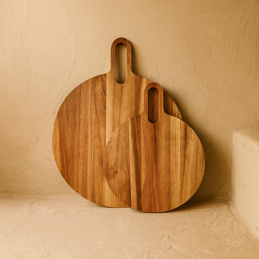 Arow Akasya Ağacı Yuvarlak Tutmalı İki Boy Kesme Tahtası KOD:0916-17