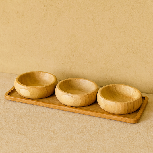 Miev Bambu Standlı 3Lü Yuvarlak Çerezlik Sosluk Seti KOD:399