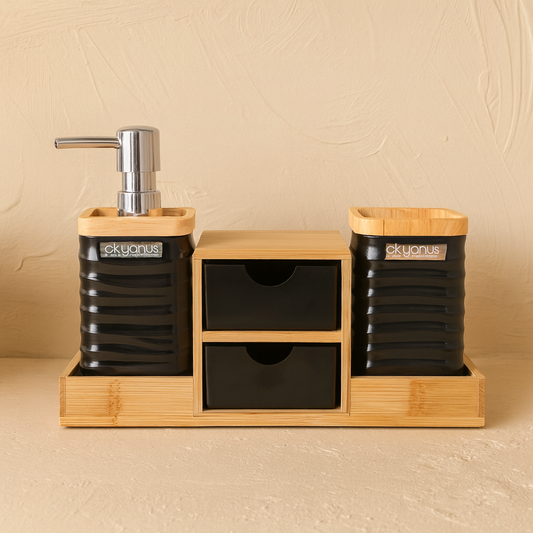 Okyanus 5 Parça Bambu Standlı Banyo Seti Siyah