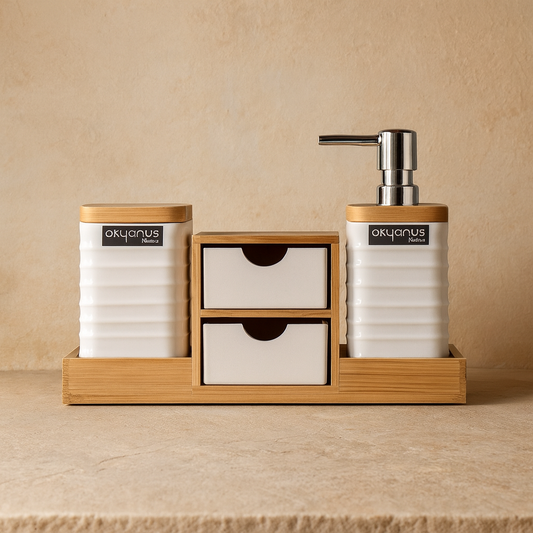 Okyanus 5 Parça Bambu Standlı Banyo Seti Beyaz