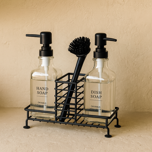 Okyanus Fırçalı Kare İkili Cam Sabunluk Seti Metal Standlı Siyah