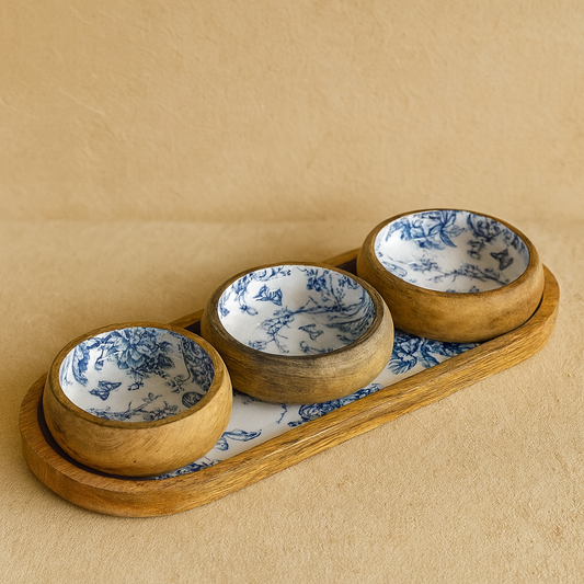 Selin Oval Standlı 3 lü Çerezlik Seti Kahvaltılık Mavi Desenli KOD:HSL-24