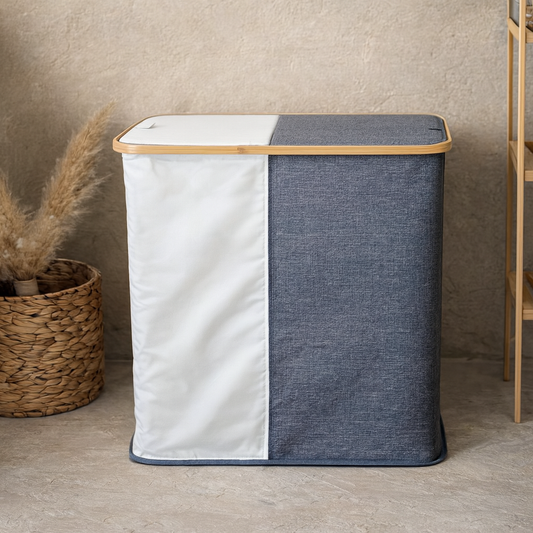 Lalezar Büyük Boy İki Bölmeli Katlanır Kirli Çamaşır Sepeti Set Gri-Krem KOD:8011