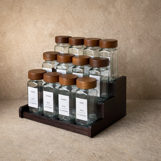 Aden Akasya Ağacı Standlı 12 li Akasya Kapaklı Kare Baharatlık Seti 120 ml Stiker Hediyeli KOD:10271