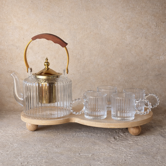 Üsküdar Bambu Standlı Borosilikat Cam Çay Kahve Seti 6 Parça