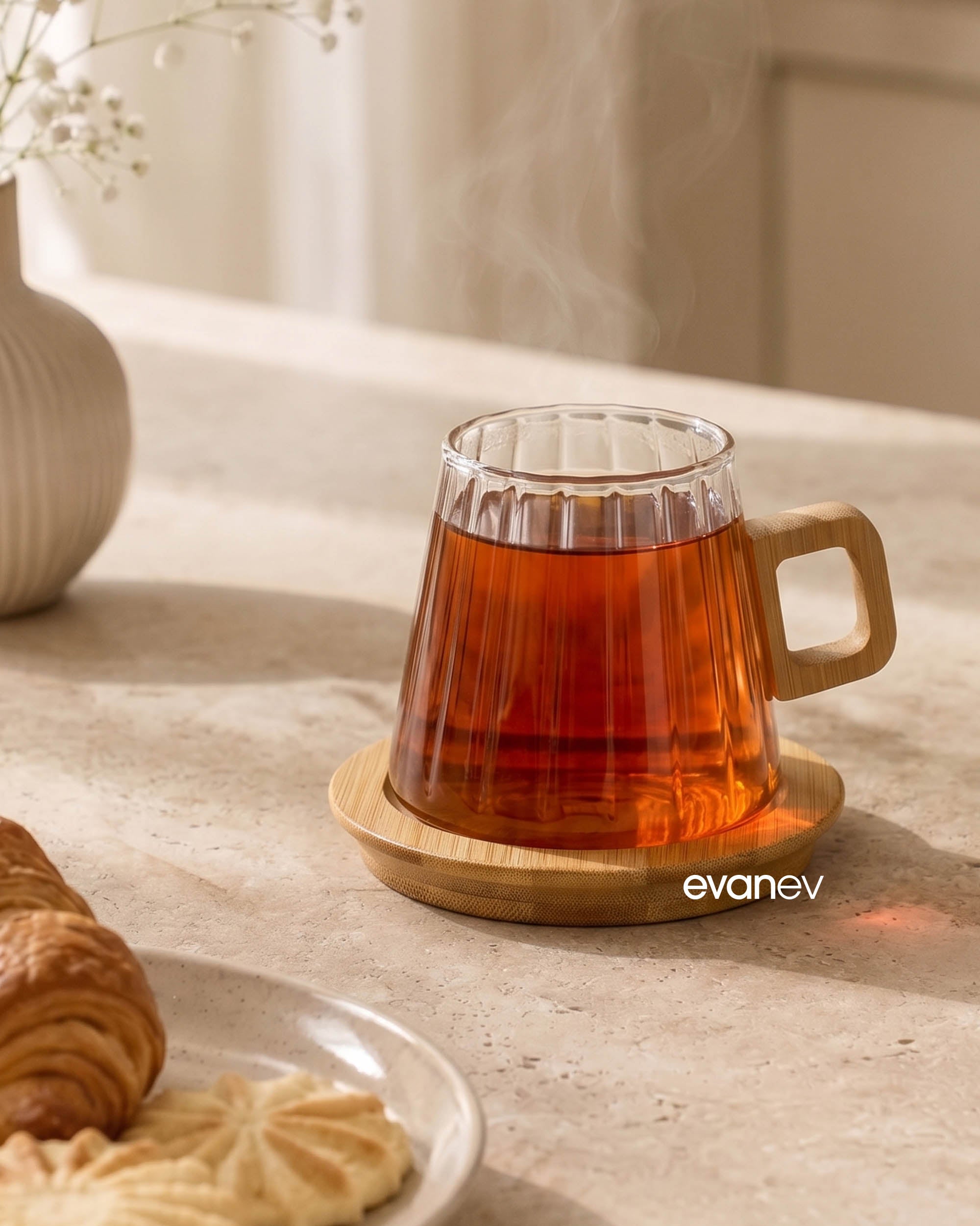 Savorry Bambu Altlıklı Çizgili Cam Kupa 300 ml Svl 101 A