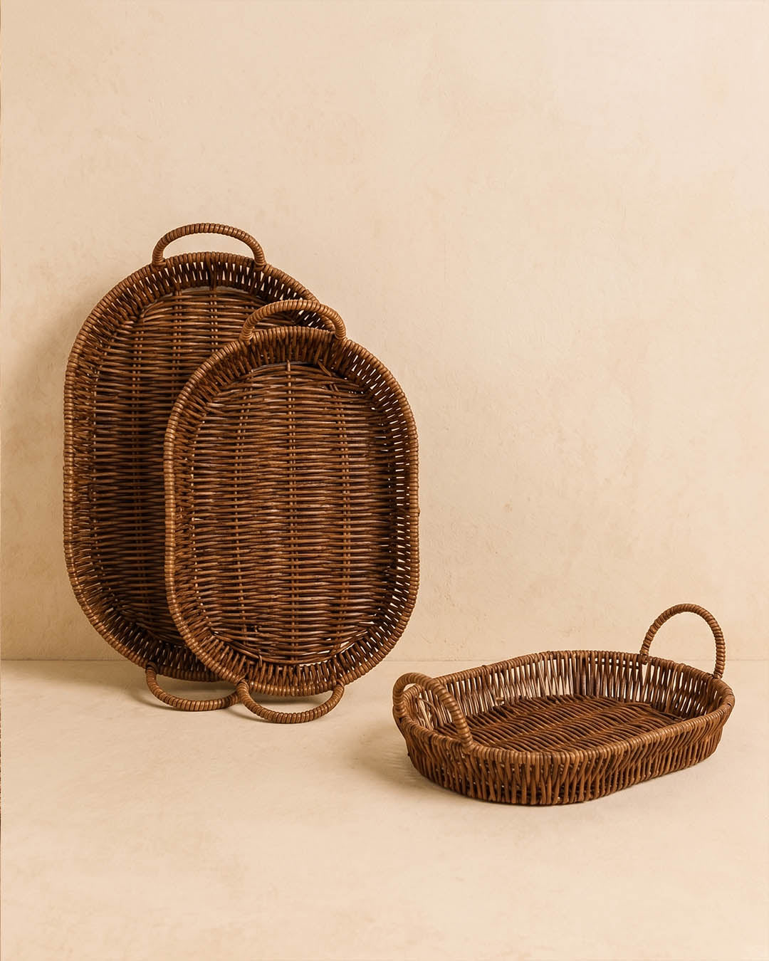3 lü Rattan Sepet, Ekmeklik , Meyve Sepeti Oval 3 Boy KAHVE YCK-665