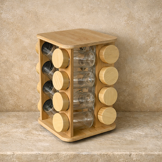 Dönen Bambu Standlı 16 lı Cam Baharatlık Seti Kare Model KOD:108