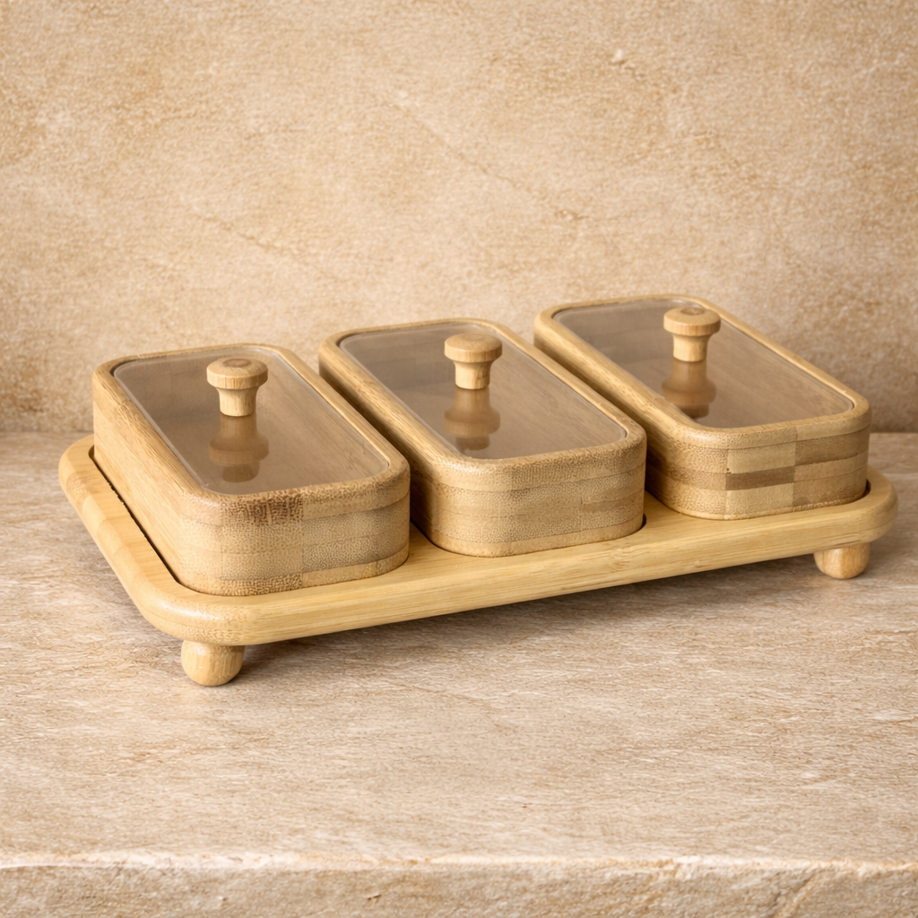Bambu Tepsili Dikdörtgen Kapaklı 3 Lü Çerezlik Kahvaltılık Seti KOD:41216