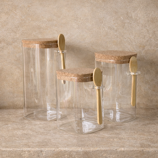 Tutku Mantar Kapaklı Kare Kaşıklı 3 Boy Kavanoz Seti