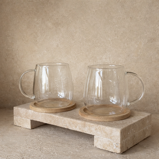 Tutku Bambu Standlı Borosilikat Cam İkili Kupa Seti KOD:086