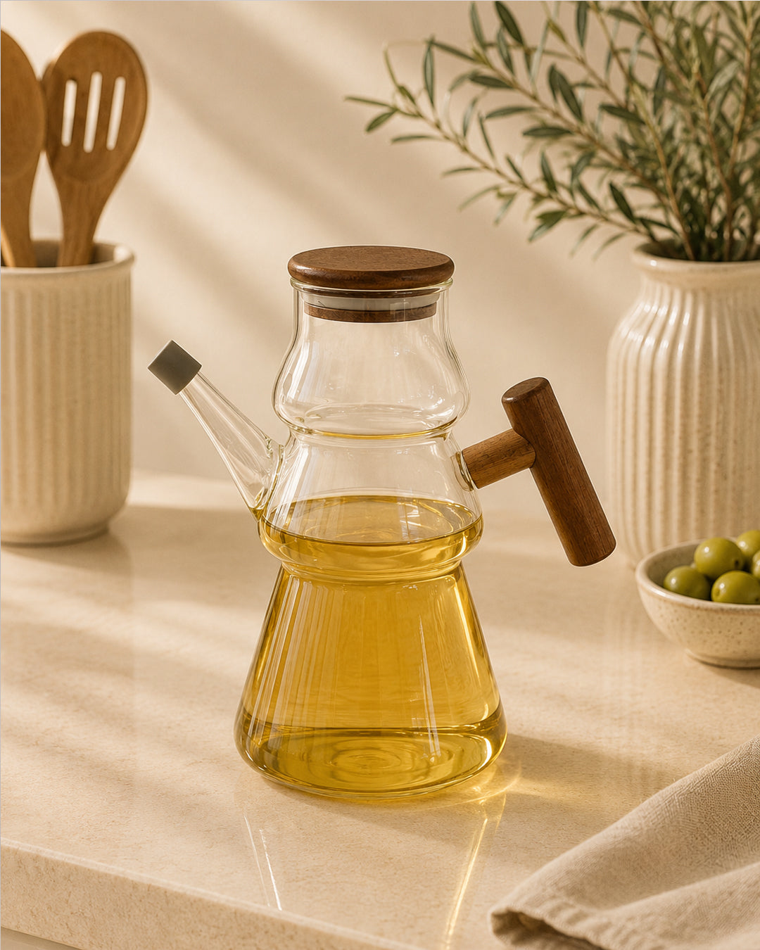 Bue Bambu Kapaklı Cam Yağdanlık 900 ml