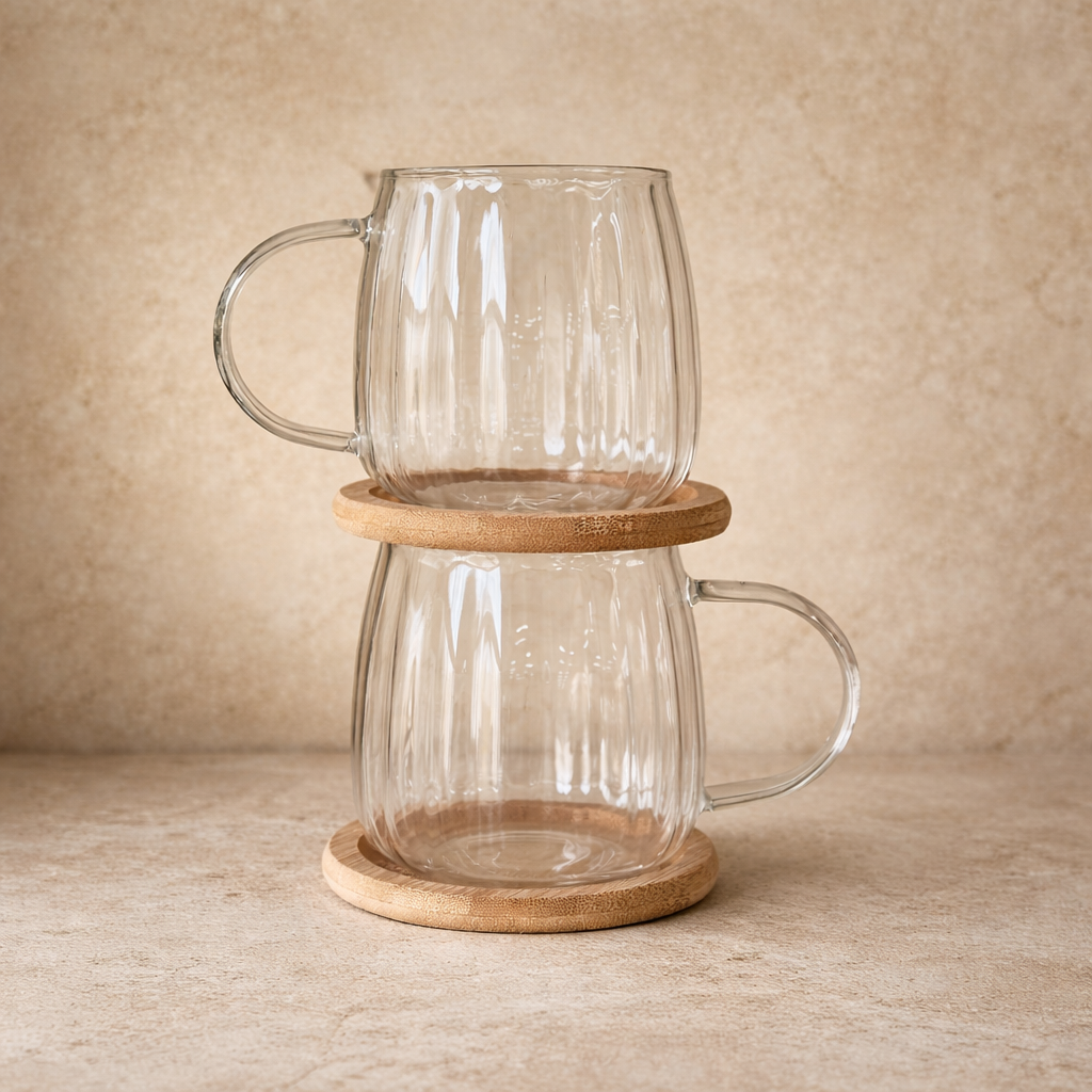 Tutku Bambu Standlı Borosilikat Cam İkili Kupa Seti Çizgili Tombul Model