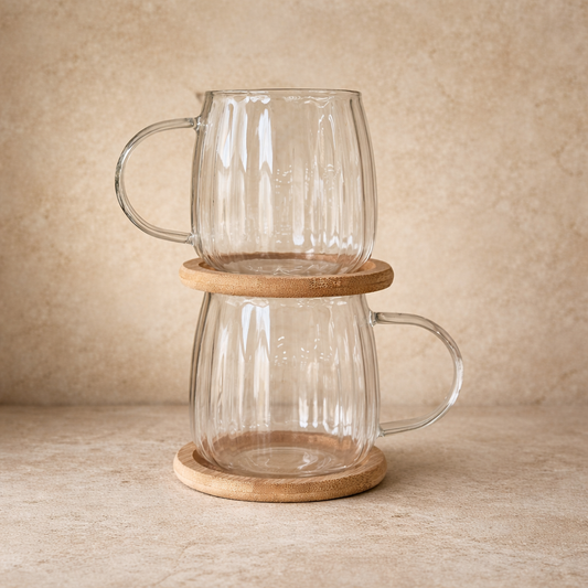 Tutku Bambu Standlı Borosilikat Cam İkili Kupa Seti Çizgili Tombul Model