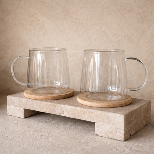 Tutku Bambu Standlı Borosilikat Cam İkili Kupa Seti Çizgili Model