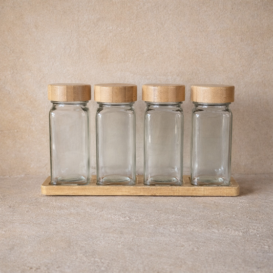 Folly Bambu Standlı 4 Lü Cam Baharatlık Seti KOD:KT-103
