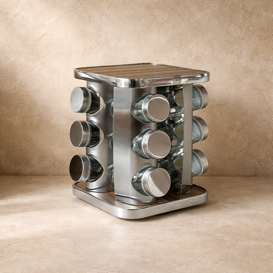 SVR Dönerli Standlı Kare Metal Kapaklı 12 Li  Baharatlık Seti Ahşap-Gümüş KOD:710