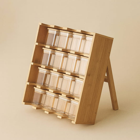 ZBERN 16 Bambu Kapaklı Kare Borosilikat Cam Baharatlık Seti Standlı 34x29x11,5 cm