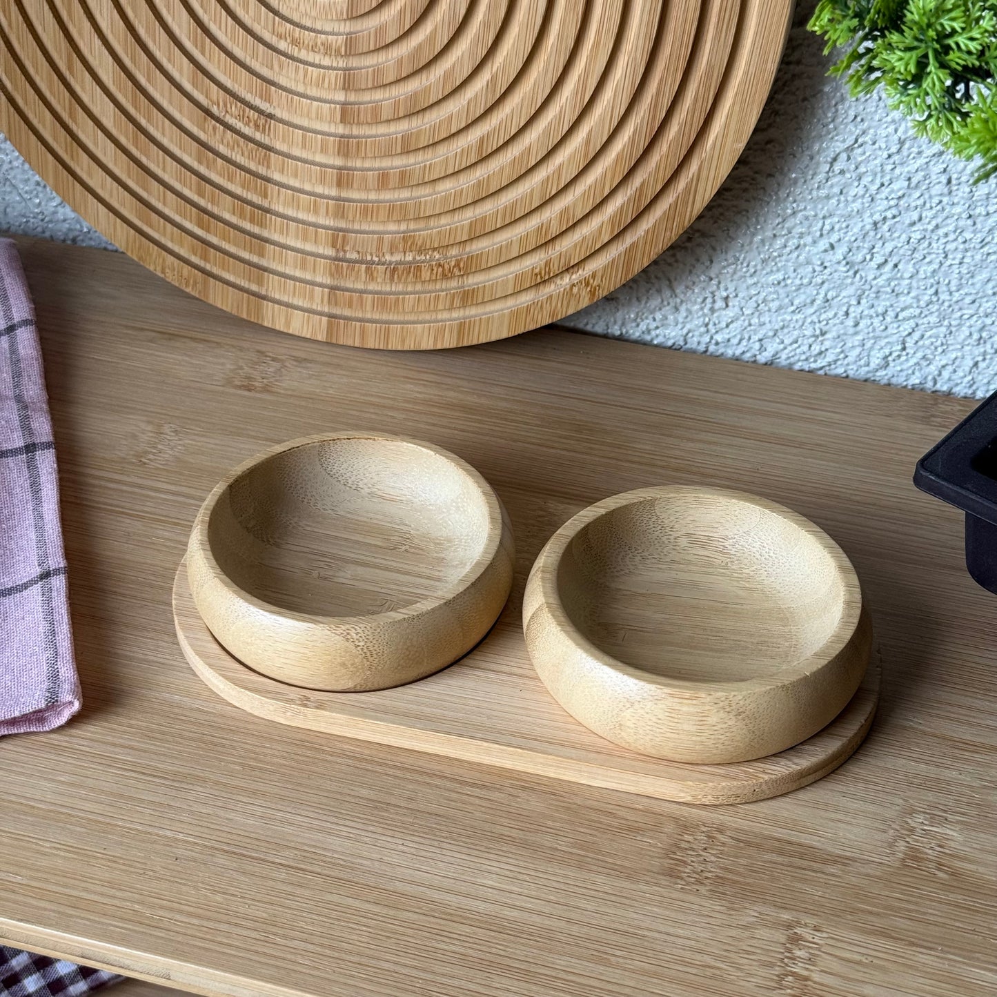 Miev Bambu Oval Standlı 2Li Yuvarlak Çerezlik Sosluk Seti KOD.400