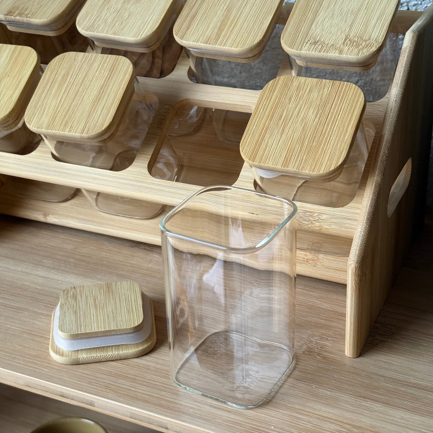 Luna Bambu Standlı 8Li Kare Baharatlık Seti