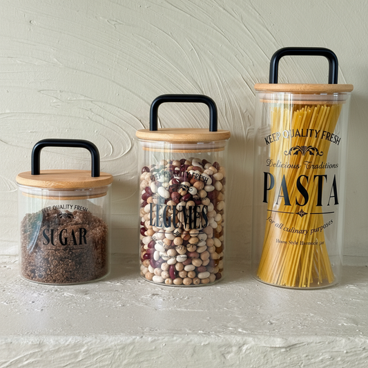 Buenos Bambu Kapaklı Erzak Kabı Seti - İçi Dolu