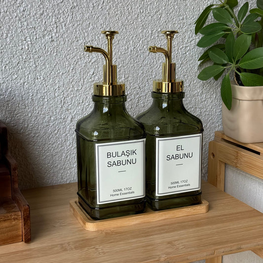 Lucia Bambu Standlı İkili Cam Kare Sıvı Sabunluk Seti Yeşil 500 ml