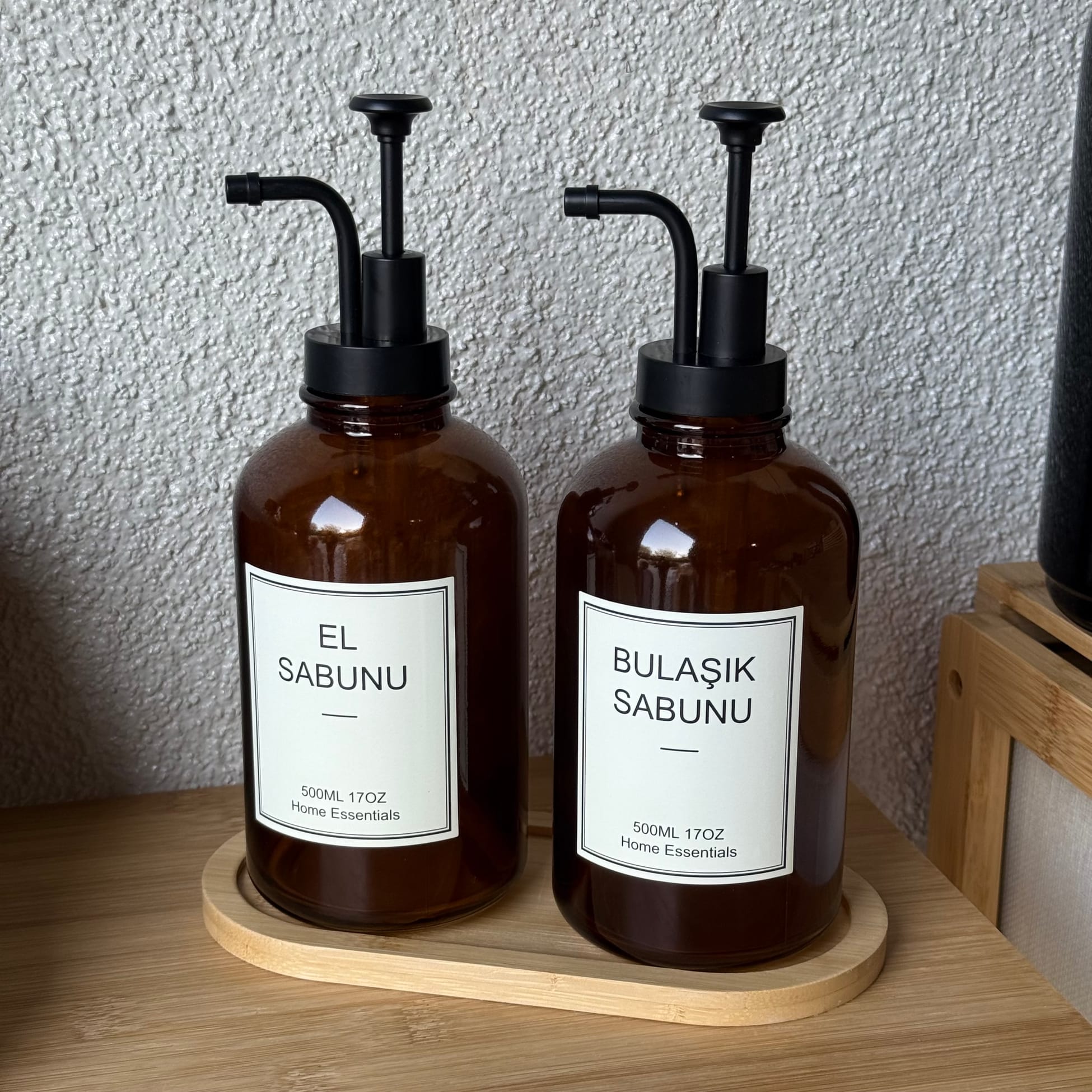 Selena Bambu Standlı İkili Cam Yuvarlak Sıvı Sabunluk Seti Amber 500 ml